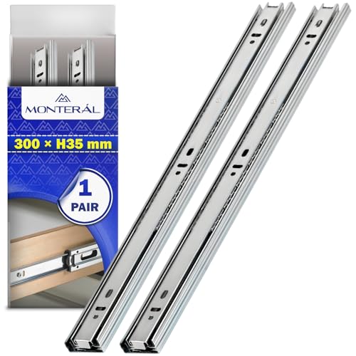 1 Par Guias Correderas para Cajones con Rodamientos de Bolas 300 mm x H 35 mm - Rieles para Cajones Telescopicas de Extensión Total - Garantía de 10 Años - MONTERAL