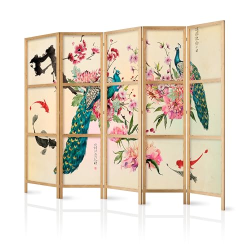 murando - Paravent Intérieur Japonais 225x172 cm - Séparateur de Pièce en Bois Naturel et Toile Imprimée - Cloison de Séparation pour Chambre - Paravent...