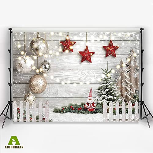 Aoihrraan 3x2m Christmas Wood Wall Photography Backdrop Xmas Tree Santa Claus Red Star Balls Fence Winter Snow View Background New Year Festival Family Party Decor Portrait Photo Studio Props - Image 3