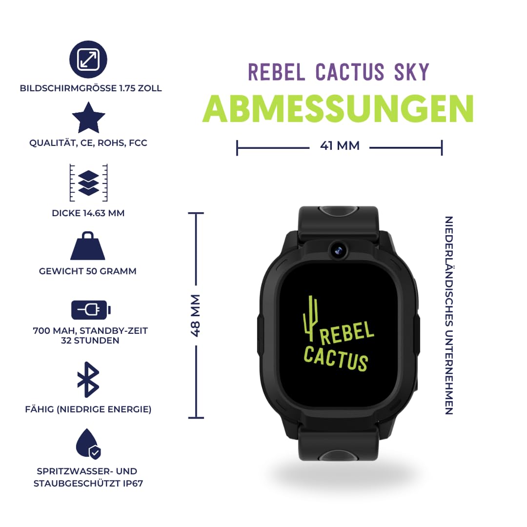 Rebel Cactus Kinder Smartwatch Sky – Moderne Benutzeroberfläche in Schwarz – Kinderuhr mit GPS und größe Speicher, mit einstelbare Zeitlimit und Hintergründe – Wasserdicht (IP67)