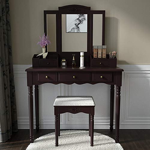 Vanity Table with Wooden Tri-Folding Mirror,Dressing Table with Stool Set,5 Drawers Table
