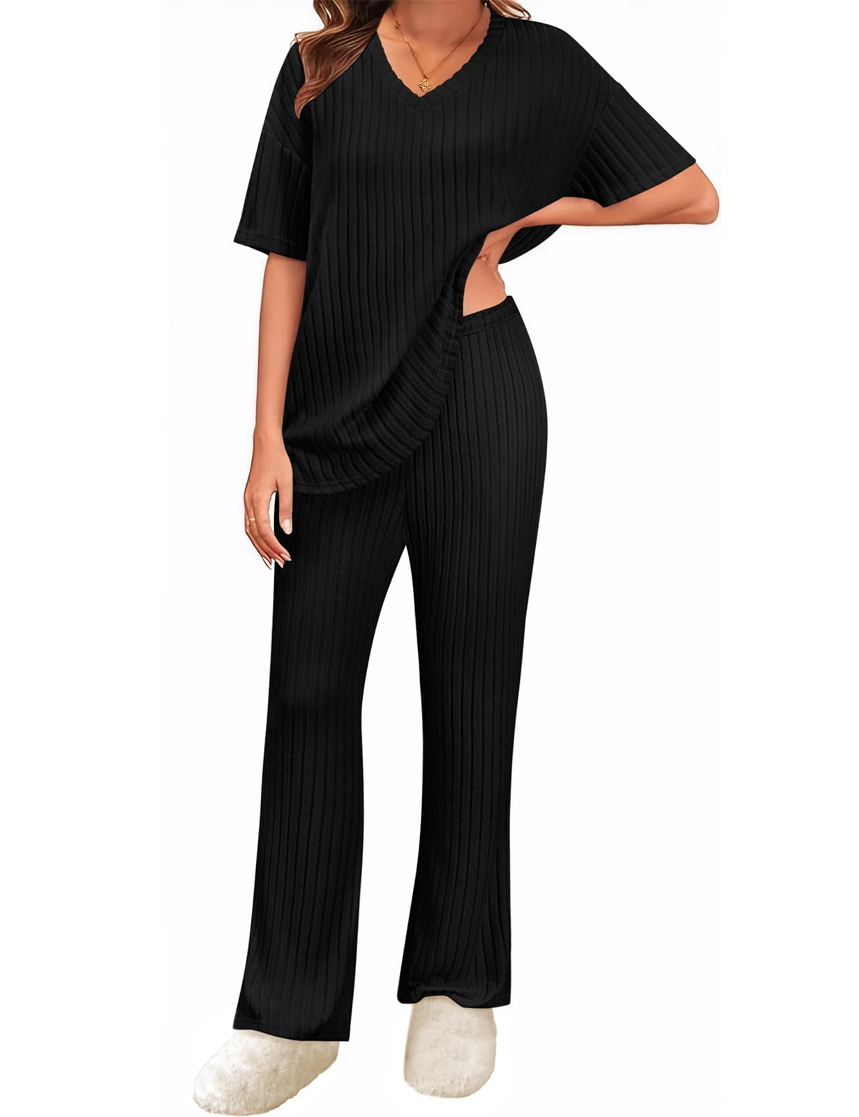 PASUDA 2-delige outfits voor vrouwen trainingspakken trui sets lounge wear sets gebreide trui tops elastische taille broek loungewear set nachtkleding homewear, Groen, S PASUDA 2-delige outfits voor vrouwen trainingspakken trui sets lounge wear sets gebreide trui tops elastische taille broek loungewear set nachtkleding homewear, Groen, S