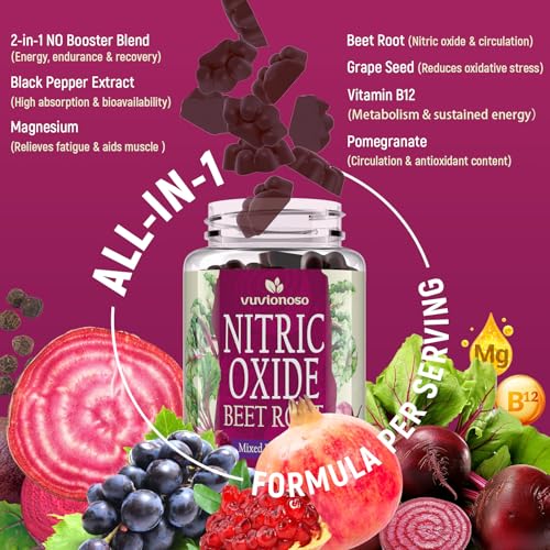 Image of Vuvionoso Nitric Oxide Beet Root Gummies 6000mg - Nitric Oxide Booster with Organic Beet Root, Grapeseed, Pomegranate, Vitamin C & B12 - Sugar-Free Beet Chewables Mixed Berry Flavor - 60 Gummies