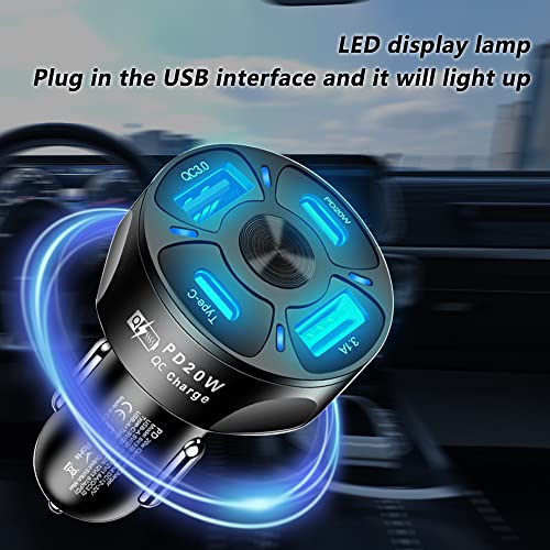 4-Port-Car-Charger-USB-C-Adapter-with-LED-LightQuick-Charge-with-Type-CPD-20WQC-30-Fast-Charging-Car-Cigarette-Lighter-Adapter-for-iPhone-14-13-12-S22-S21-S20-iPad-Pro-More-Car-Black