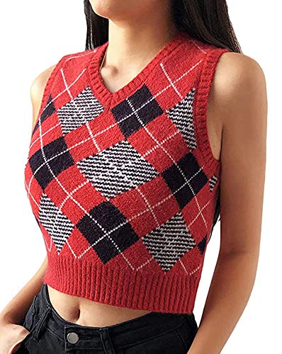 Womens Sweater Vest Argyle Plaid Crop Vest Sweaters V Neck Knitwear Tank Top Red S