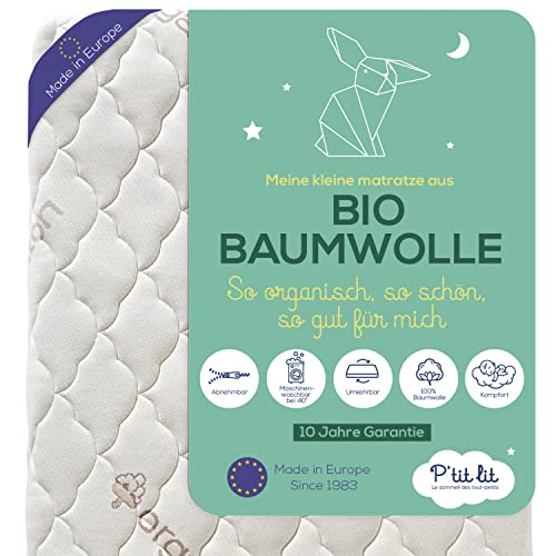 P'tit Lit - Babymatratze aus Bio-Baumwolle - 70x140 cm - 100% Baumwolle: Natürliches Material pflanzlichen Ursprungs - Ohne chemische Behandlung - Abnehmbar - OekoTex®