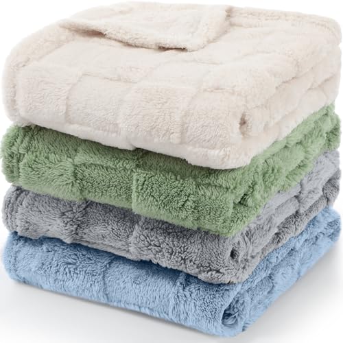 Image of Hahafelt 4 Pack Fleece Baby Blanket for Baby Girls Boys 30'' x 40'' Checkered Soft Throw Blanket Crib for Infants Newborn(Blue, Green, Gray and Beige)