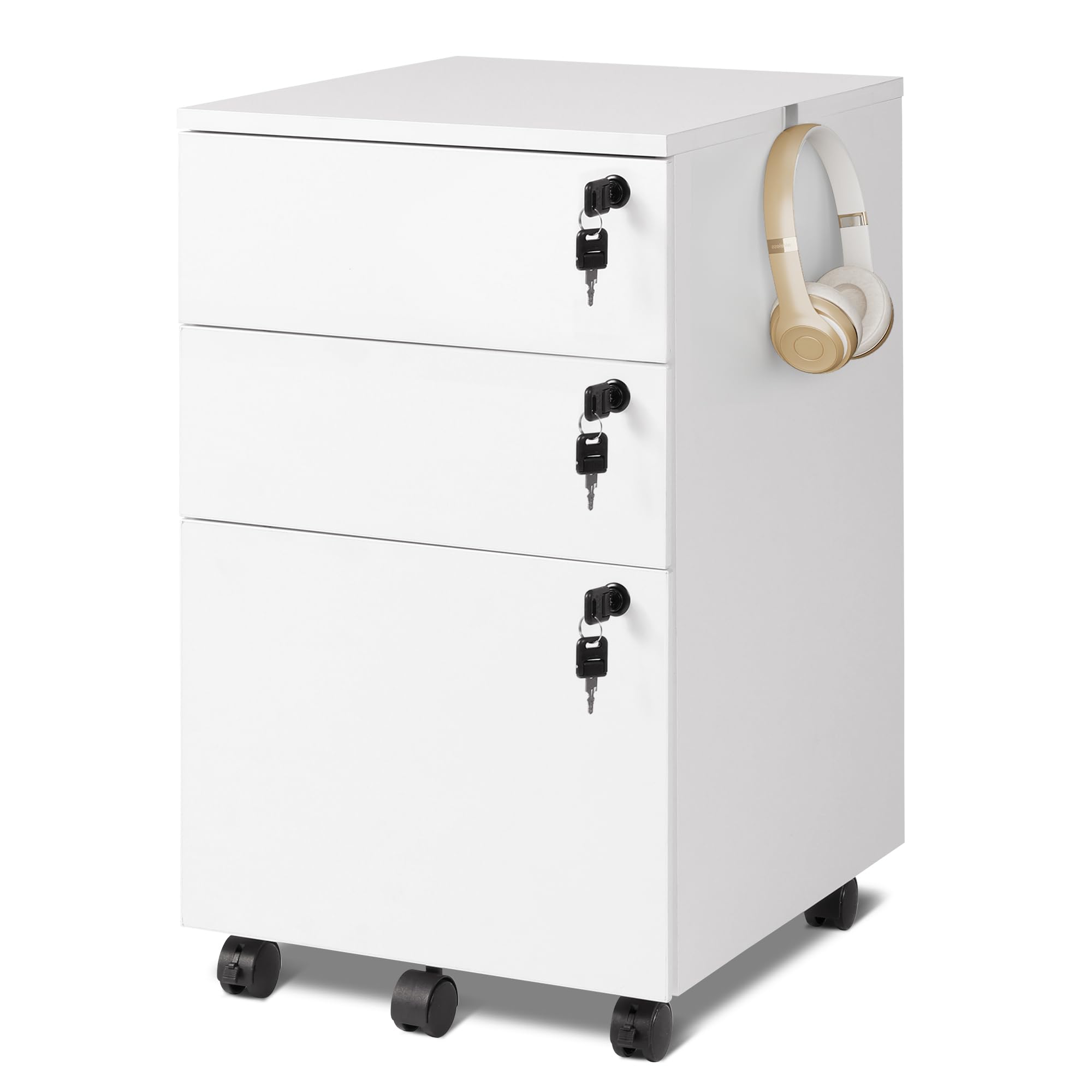 DEVAISE Rollcontainer mit 3 Schubladen, Mobiler Aktenschrank, Abschließbarer Holz Büroschrank unter Schreibtisch mit 3 Schublade für Büro, Wohnzimmer & Schlafzimmer