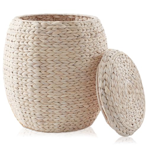 Casafield Round Storage Basket with Lid - Whitewash, Handwoven Water Hyacinth Organizer for Laundry, Blankets, Plants, Bedroom, Living Room, Home Office