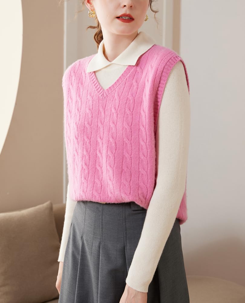 DISSA SPR2333 - Maglione da donna in cashmere con scollo a V, senza braccia, motivo a treccia