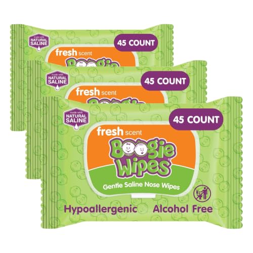 Image of Boogie Wipes Saline Nose Wipes - 45 Count - Fresh Scent, Hypoallergenic & Alcohol-Free - Allergy Relief - Made with Natural Saline, Aloe, Chamomile & Vitamin E - Diaper Bag Essential (Pack of 3)
