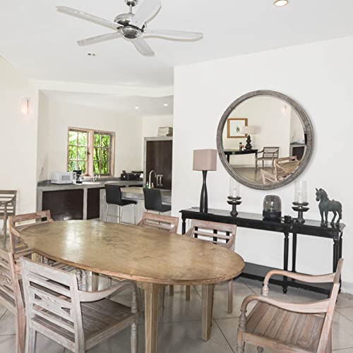 Gifttrove 35" Round Wood Mirror, Large Round Mirror With Beveled, Wood Round Mirror For Wall Decor, Rustic Circle Wall Mirror For Entryway, Living Room, White Washed Frame #TOP4