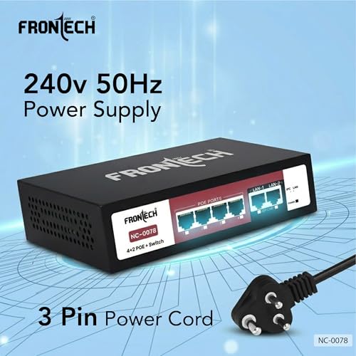 Image of Frontech PoE+ Switch | 4+2 Ports | 72W Power | 250m Extend | 10 /100 Mbps | Dual Uplink | Plug & Play | ESD Protection | Ideal for CCTV /IP Camera /NVR | 2 Year Warranty (NC-0078)