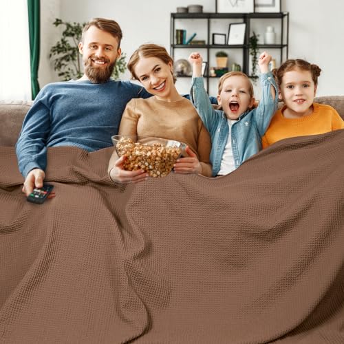 Image of PHF Pre-Washed Cotton Waffle Weave Family Blanket,Oversized King Size 120 inchx 120 inch-Snag Proof Lightweight Breathable, 10'x 10' Huge Extra Large Big-Elegant Aesthetic Home Decoration Gift,Cappuccino
