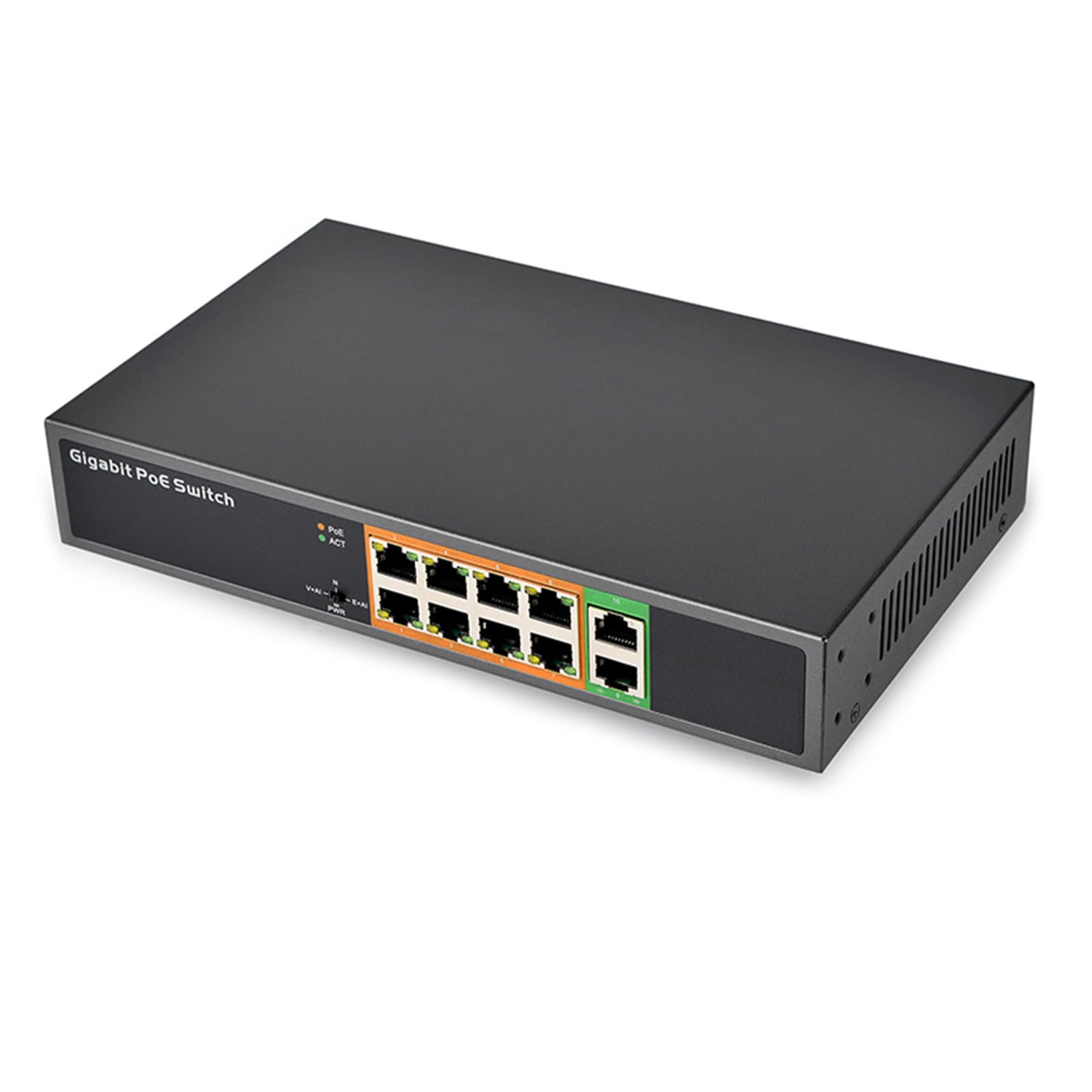 Switch Gigabit Power over Ethernet a 10 porte con alloggiamento in metallo, porta 8 x 1000 m e 2 uplinking, facile installazione, switch Power over Ethernet non gestito