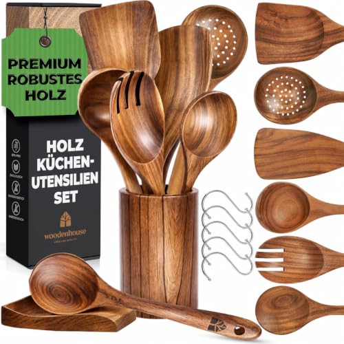 Holz Kochbesteck-Set mit Halter, Pfannenwender Kochlöffel Schöpfkelle Nudelheber Servierlöffel Sieb – mit Haken, Halter und Ablage… – Ansicht 1