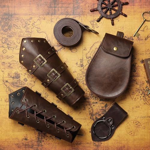5 PCS Renaissance Accessories Ren Faire Viking Belt Medieval Waist Belt Pouch Leather Arm Bracers and Medieval Sword Holder for Renaissance Cosplay3