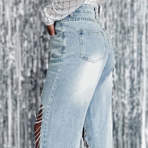 Women's High Waist Straight Leg Jeans Baggy Ripped Metal Chain Distressed Denim Pants4