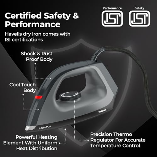 Image of Havells Dry Iron Adore Plus 1100 Watts, Iron Press, Greblon Non Sick Soleplate with German Technology, Shock Proof Body, Aerodynamic Design, 360 Swivel Cord, 2 Year Manufacturer Warranty (Black)