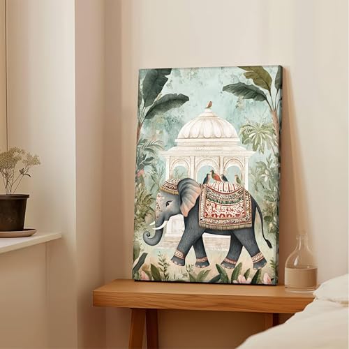 Image of PAINTINGMANTRA Classic Indian art Of Elephant in Mughal Garden | Canvas Painting Stretched on Wood | Suits For Living Room, Bedroom, Hallways (16x22 Inch)
