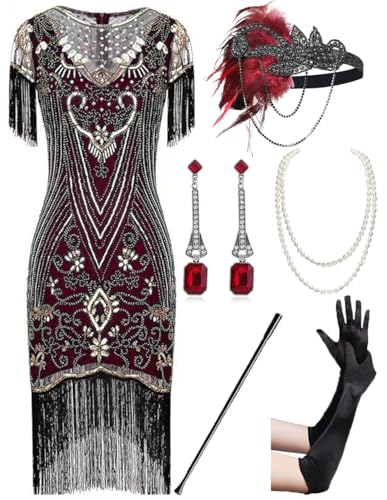 867A - Plus Size 1920s Vintage Fringed Gatsby Sequin Beaded Tassels Hem Flapper Party Prom Cocktail Dress with Accessories (Red Gold with Accs, 2X)