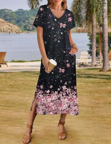 Image of Zeagoo Women Summer Floral Dress Short Sleeve Beach Dress with Pockets Casual V-Neck Split Long T-Shirt Dress Travel Vacation