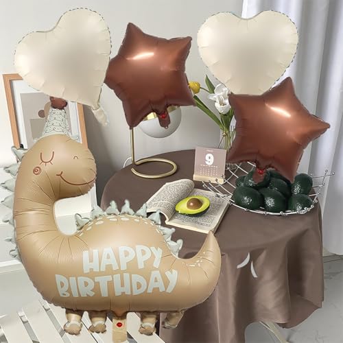 Image of 35''Nude Dinosaur Birthday Balloons &18''Brown Star Cream White Heart Foil Helium Balloon for Baby Shower Birthday Girl Boys Kids Dinosaur Theme Vintage Party Decorations Supplies 5Pcs