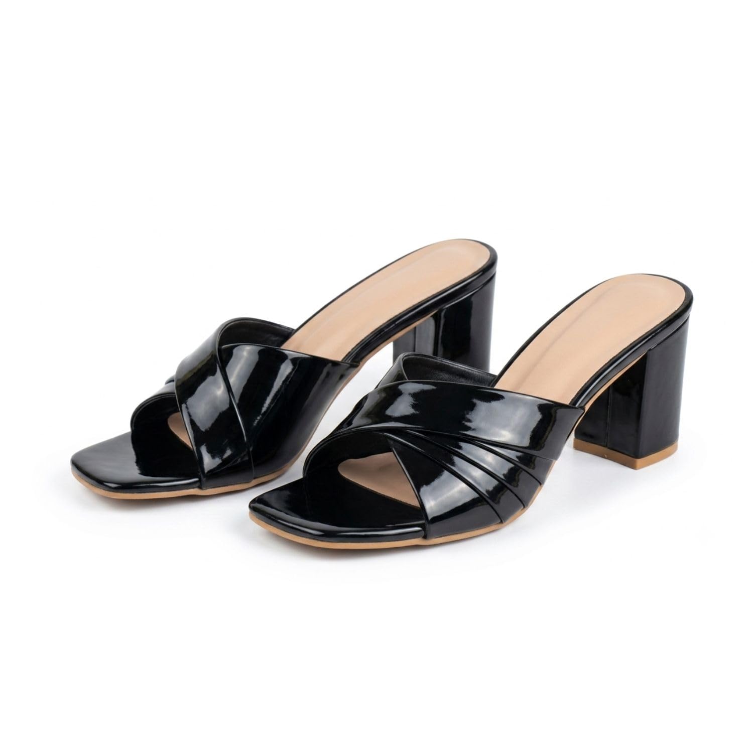 Flauri Women Black Patent Leather Block Heel Square Open Toe Mules Sandals-picture-20