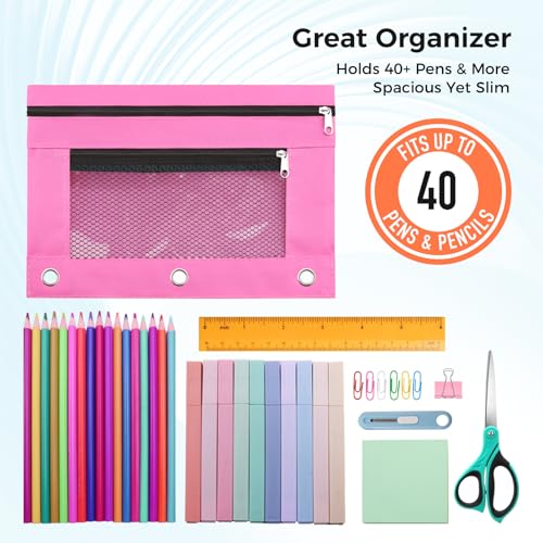 Image of Pencil Pouch for 3 Ring Binder - 3 Hole Zipper Pen Case Bag Holder Bulk Accessories Clear Window Aesthetic Organizer Pockets (Hot Pink)