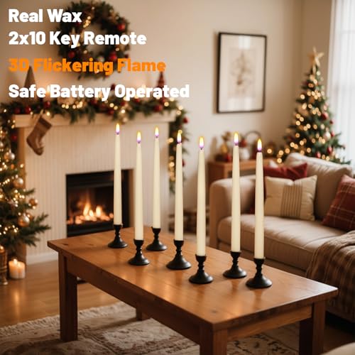 Image of Wondise Flameless Taper Candles with Remote Timer, Waxy Battery Operated Flickering Tall Candlesticks, 3D Wick LED Candles 11inch for Halloween Christmas Holiday Wedding Decoration (Ivory