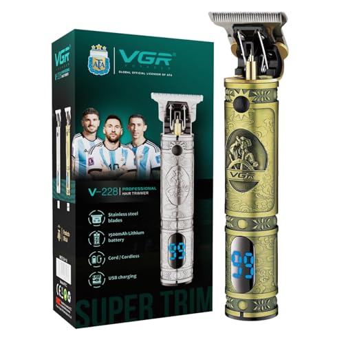 VGR V-228 Professional Hair Trimmer for Men, Precision T-Blade, LED Display, 180 Min Runtime, Corded & Cordless, USB Rechargeable, Metal Body Gold with 3 Guide Combs – Gold