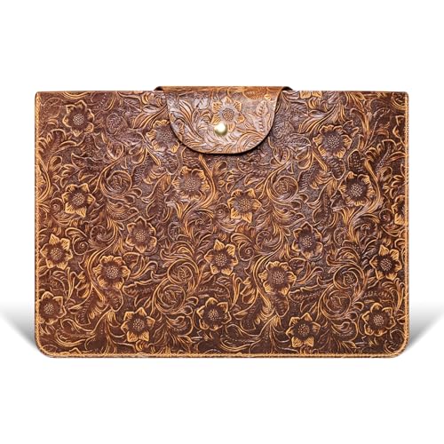 cpnvwa Genuine Leather Laptop Sleeve,Compatible with MacBook Pro 16 Inch M4 M3 M2 M1 Pro/Max＆MacBook Air 15 Inch M4 M3 M2 Cover,Vintage Protective Computer Case with Floral Pattern,Brown