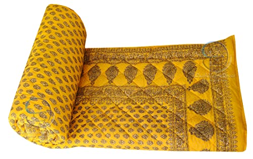 Image of Jaipuri Razai Single Bed Gold Print with Computerized Quilting Use as Soft and Breathable Cotton Comforter Quilt Rajai Blanket Dohar Size 55X85 inch Yellow Pack of 1