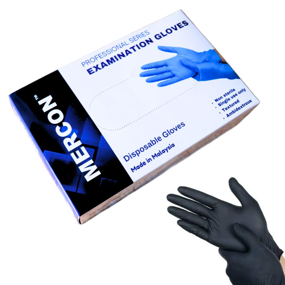 MERCON Black Nitrile Gloves, Latex Free Gloves, Medical Gloves, Examination Hand Gloves | Disposable Gloves | Large | Black | Pack of 10 Pieces