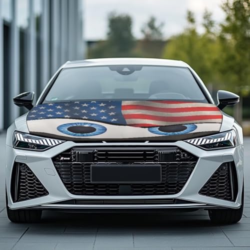 Image of American Flag Eyes Car Hood Cover Stretch Polyester Cover for Car Hood Waterproof Automotive Accessories Easy Installation for Car Hood Decoration and Protection