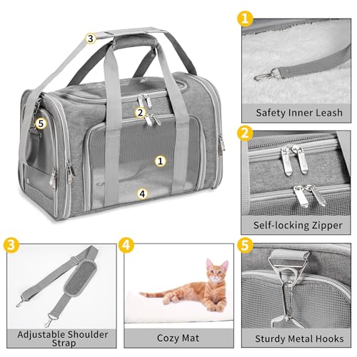 Soft Sided Cat/Pet/Dog Carrier Bag,Portable Foldable Pets Travel Carriers For Cats/Dogs With Shoulder Strap & Removable Mat,Durable Puppy Basket of 16 lbs Airline Approved - Grey - Image 4