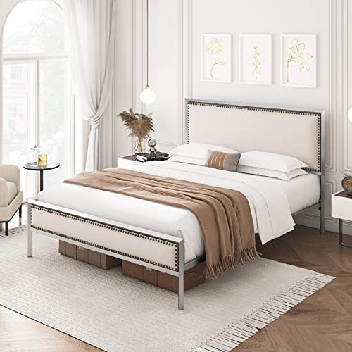 Hithos Queen Size Silver Metal Bed Frame With Velvet Upholstered Headboard, Platform Bed With 10.4" Under Bed Storage, Mattress Foundation With Nailhead, No Box Spring Needed (Silver Beige/Velvet, Q) #TOP3