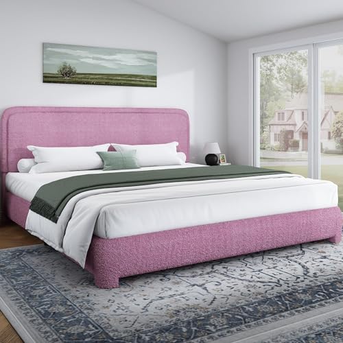 Image of BarnFurin King Bed Frame, Cloud Boucle Headboard, Low Profile, Rose Pink
