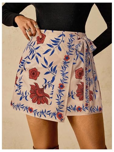 Image of RoseSeek Women's Boho Floral Print Wrap Mini Skirt Tie Side Summer Vacation Beach Skirts