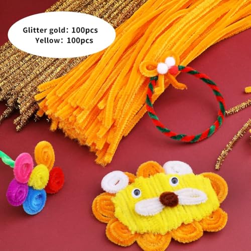 Image of Pipe Cleaners, 200PCS Orange /Glitter Gold Craft Chenille Stem | Pipe Cleaners Chenille Stem, 100PCS Orange+100PCS Glitter Gold Fuzzy Sticks Pipe Cleaners Bulk for DIY Sunflower Decoration