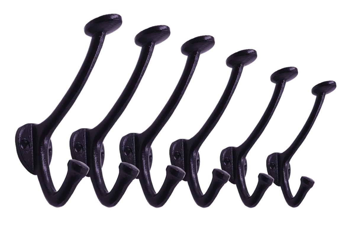 The Metal Magician 6-Pack Cast Iron Wall Mounted Coat Hooks, Vintage Decorative Heavy Duty Black Hooks for Coats, Hats, Purse, Towels, Modern Farmhouse Decorative Hook Set Black