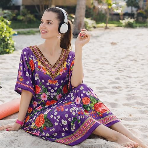 Image of Miss Lavish London Purple Floral Kaftan Dress for Women V Neck Batwing Sleeve Maxi Beach Cover Up, Ethnic Rose Print Plus Size Caftan with Side Slits & Pockets, Resort Wear Swimsuit Coverup-Purple-L