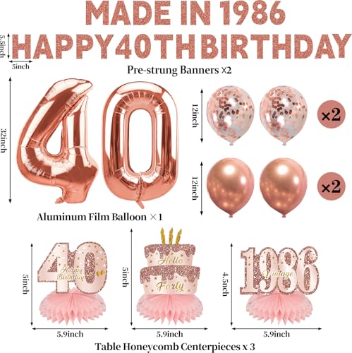 Image of Zirtorei 40th Birthday Decorations Kits for Women, 10pcs Pink Rose Gold Made in 1986 Banner Happy 40th Birthday Balloons, 40 Bday Table Honeycomb Centerpieces Hello Forty Party Supplies
