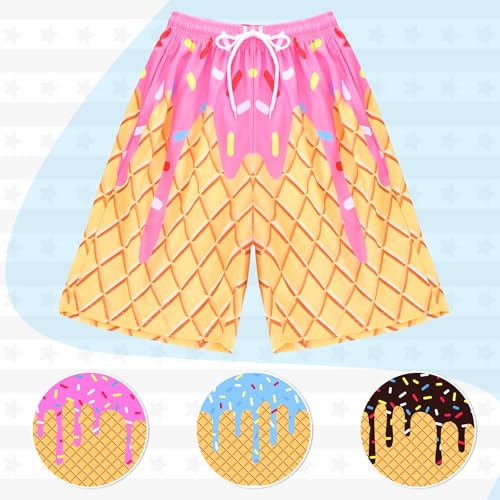 3 Pcs Ice Cream Drip Waffle Drip Quick Dry Baseball Shorts Swim Trunks Athletic Gym Shorts with Drawstring Waist for Summer Sports Baseball Basketball Football Golf Outdoor Homewear, 10-12Y2