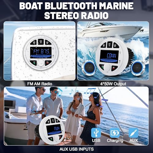 Image of 3 Inch Marine Radio Bluetooth Stereo Audio Waterproof Boat Radio FM AM USB | LEXXSON LCD Display Golf Cart Marine Stereo Receivers Audio Systems for RV UTV Yacht AUX Subwoofer White