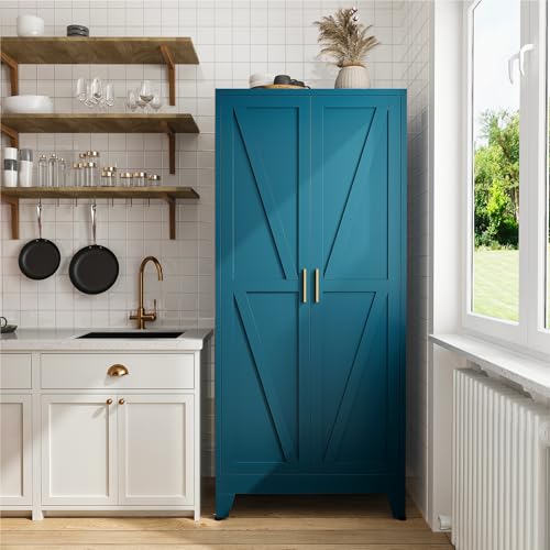 Image of COFaR 71 inch Metal Pantry Cabinet in Peacock Blue, 5-Tier Storage with Adjustable Shelves, Modern Statement Cupboard for Kitchen, Bathroom & Living Room