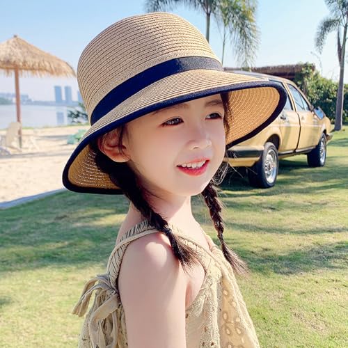 Girls Wide Brim Straw Sun Hat with Bowknot Floppy Summer Beach Swim Hat UV Protection Foldable Outdoor Cap for Kids Toddler3
