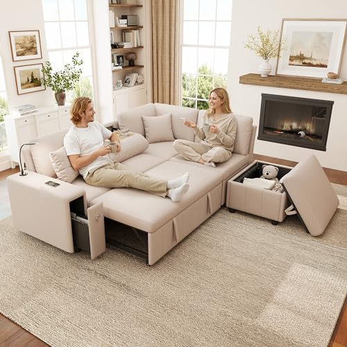 Yihomfy 213 cm - Sofá convertible, sofá cama con chaise longue de almacenamiento, puf, sofá cama con portavasos, USB, lisosa, cojines, mesa baja plegable, para salón, color beige