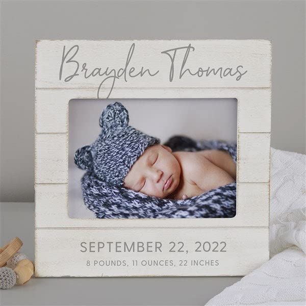 Personalization Universe Personalized Simple and Sweet Baby Shiplap Frame 5x7 Horizontal Picture Frame - Rustic Whitewashed Wood Photo Frame for Newborn, Boy or Girl, Newborn & Family Pictures, Tabletop Display with Easel Back Design