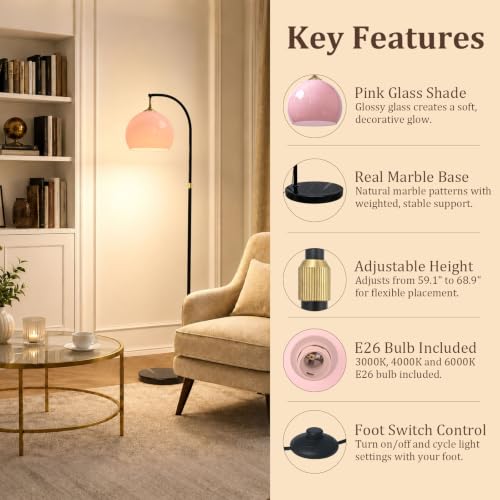 Image of Pink Arc Floor Lamp with Natural Marble Base, Mid Century Modern | Pink Glass Globe, Adjustable Height, E26 3-Color Temperatures Bulb, Foot Switch, Black Pole For Living Room, Bedroom, Office